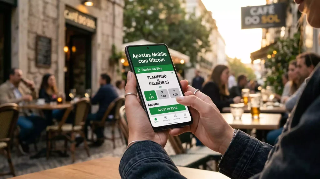 Apostas mobile com Bitcoin em telemóvel