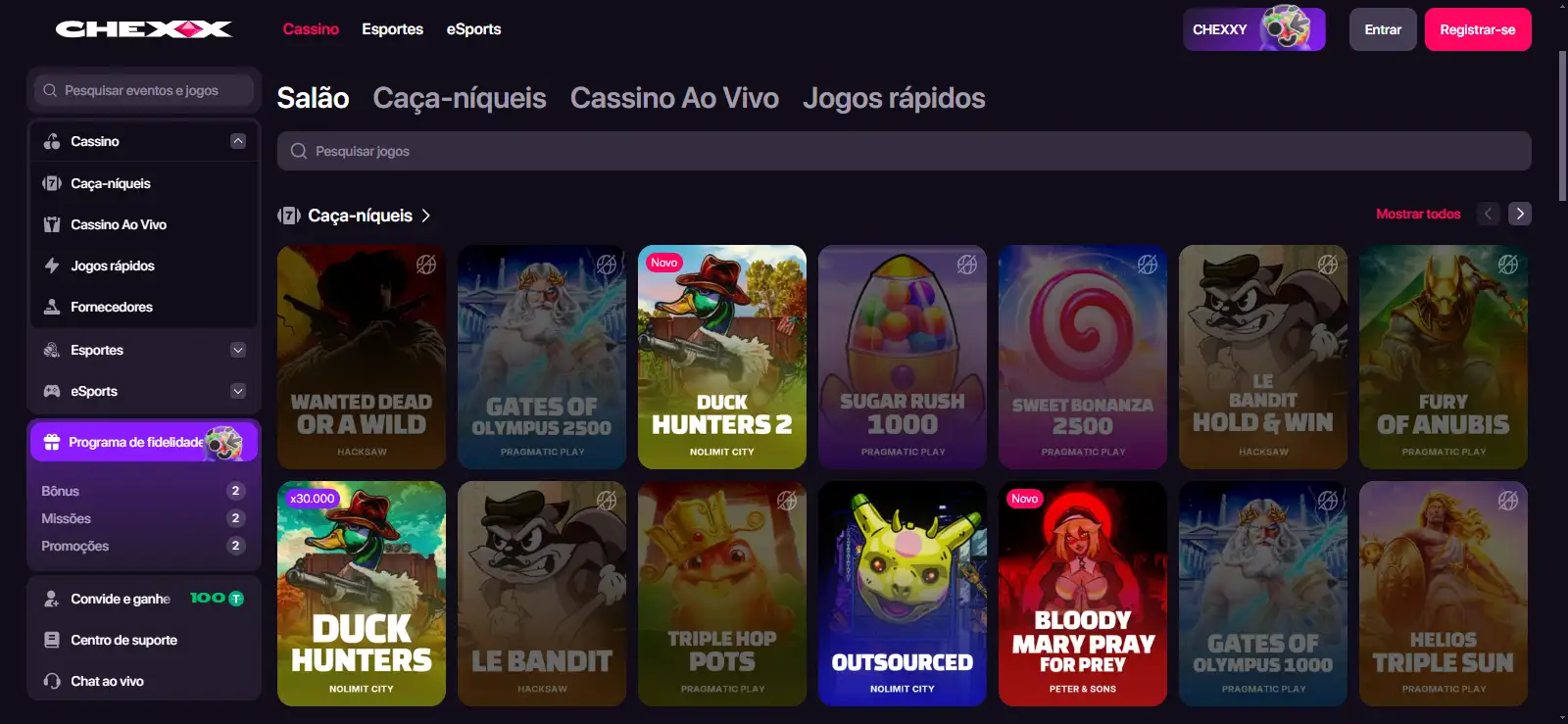 Lobby CHEXX com categorias jogos e filtros de slots