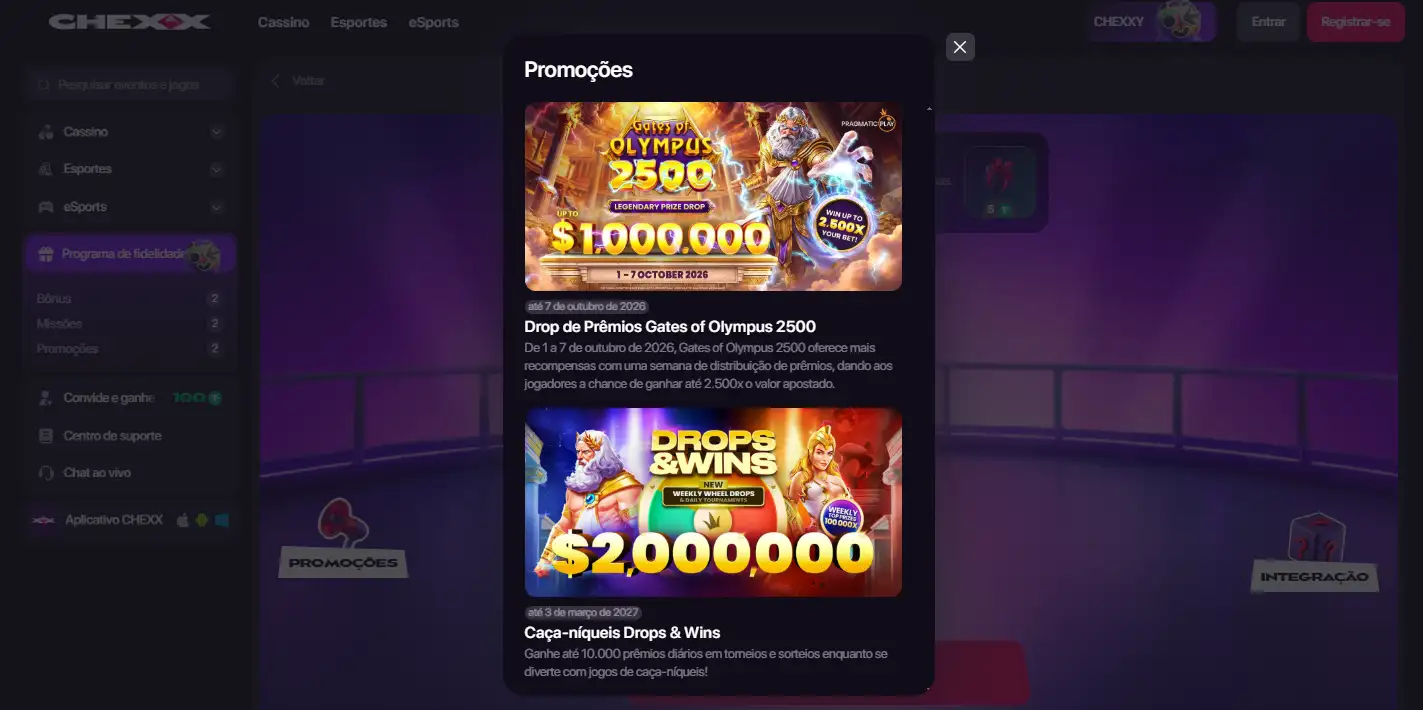 Pacote CHEXX com três níveis de bónus e rodadas