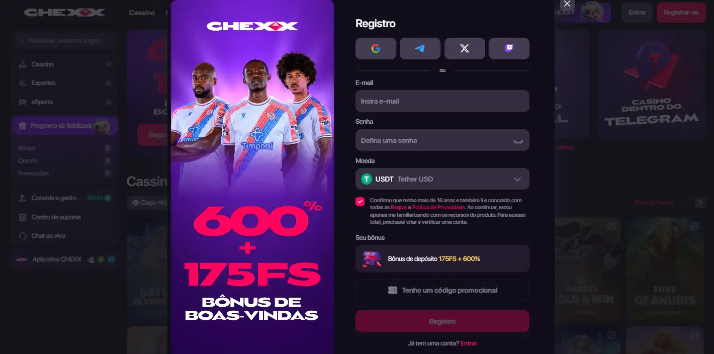 Formulário de registo CHEXX com diferentes opções de acesso